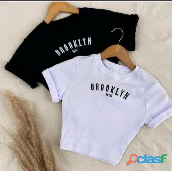 Blusa feminina Cropped bordado T shirt Brooklyn