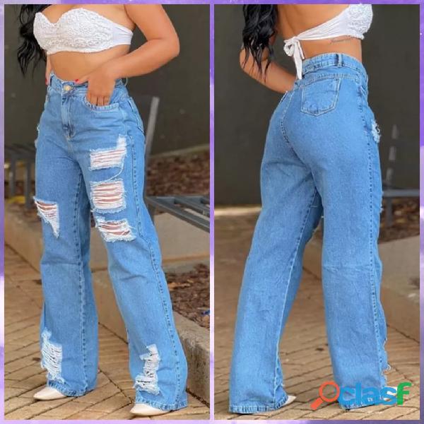 Calça jeans feminina Wide leg pantalona cintura alta tecido