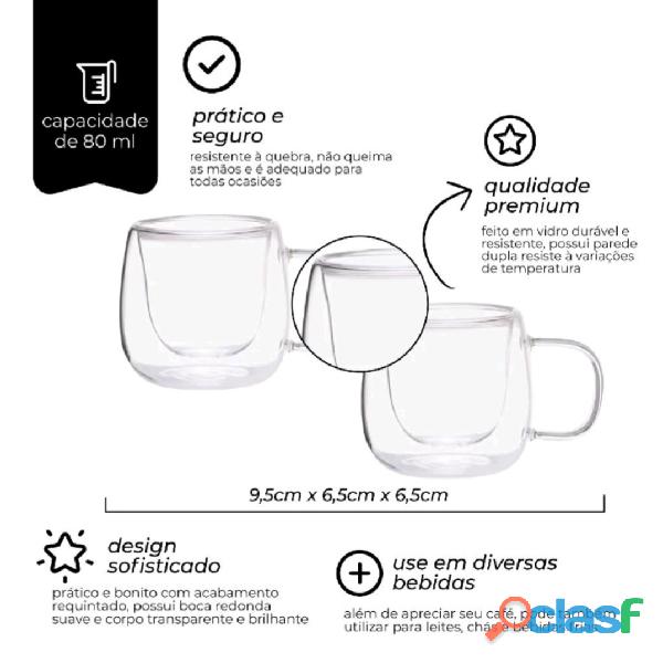 Conjunto De Xícaras 80 ml Café Parede Dupla Vidro