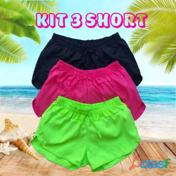 Kit 3 shorts Tactel Feminino Saída de praia pareô Canga