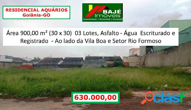 ÁREA 900 m² - SÃO 3 LOTES NO RESIDENCIAL AQUÁRIUS EM