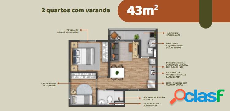 Apartamento com 43m², 2 quartos e 1 vaga de garagem à