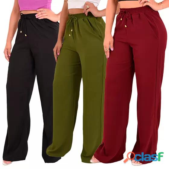 Kit 3 Calça Pantalona Feminina Cintura Alta Tendência