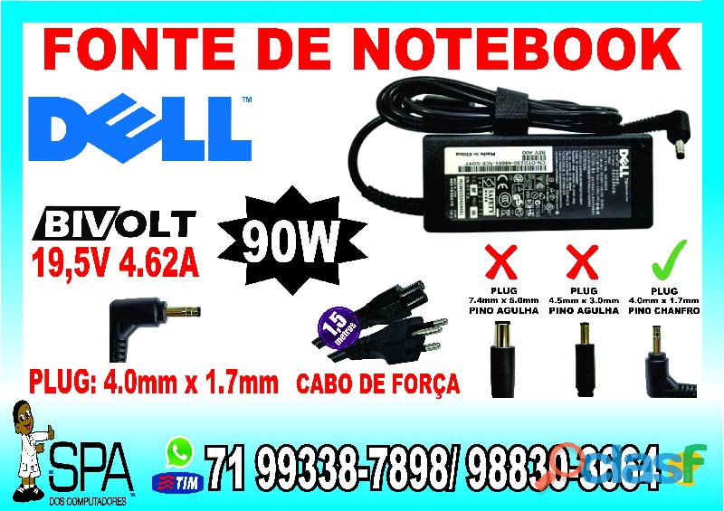 Carregador Dell 19.5v 4.62a 90w 4.0mm x 1.7mm sem agulha em