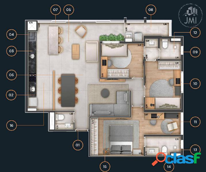 Apartamento de luxo com 3 quartos, 99,554m², à venda em